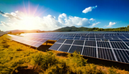 A blurred scenery to be used as background of a vast solar farm stretches across a rural landscape, capturing sunlight under a bright sky with fluffy clouds, symbolizing clean energy production
