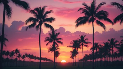 Obraz premium Copy space featuring the silhouette of a tropical palm tree against a background of sunlight and clouds. Concept of summer vacation and nature travel adventure.