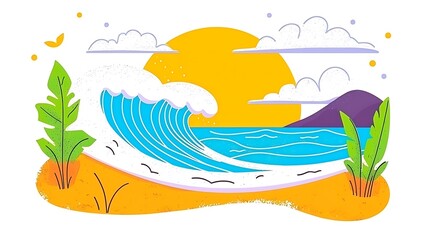 A vibrant illustration depicting a sunny beach with ocean waves