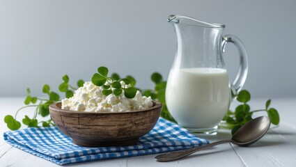 Dairy products, milk served in a glass and pitcher, cottage cheese presented in a bowl, checkered napkin in the background, aerial view, close-up.