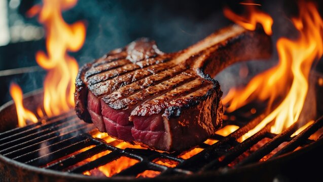 Grilling T-bone steak on barbecue - Powered by Adobe