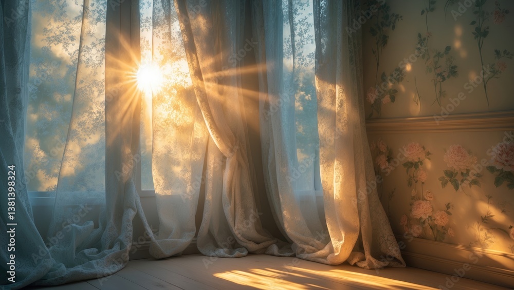 Poster curtain draped over window with light.