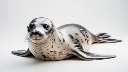 Obraz premium Common seal resting, Phoca vitulina, 8 months old, positioned on white background.