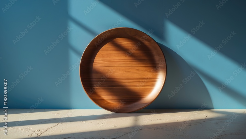 Poster Cylinder shape wooden podium, stand with deep shadow in the background. Background for product display. Frontal view. Mockup scene.