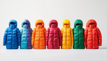 Colorful, bright puffer jackets in a variety of colors