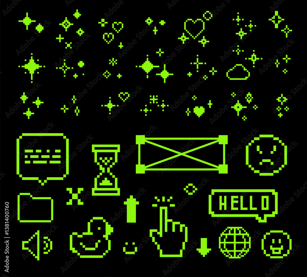 Aufkleber pixels green elements set. y2k stickers. mood of 90's aesthetics. 8-bit retro style vector illustrat