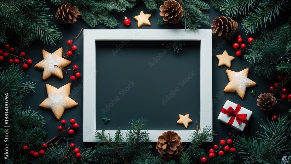 Poster creative arrangement of tree branches and decorations with space for text. overhead view. holiday th