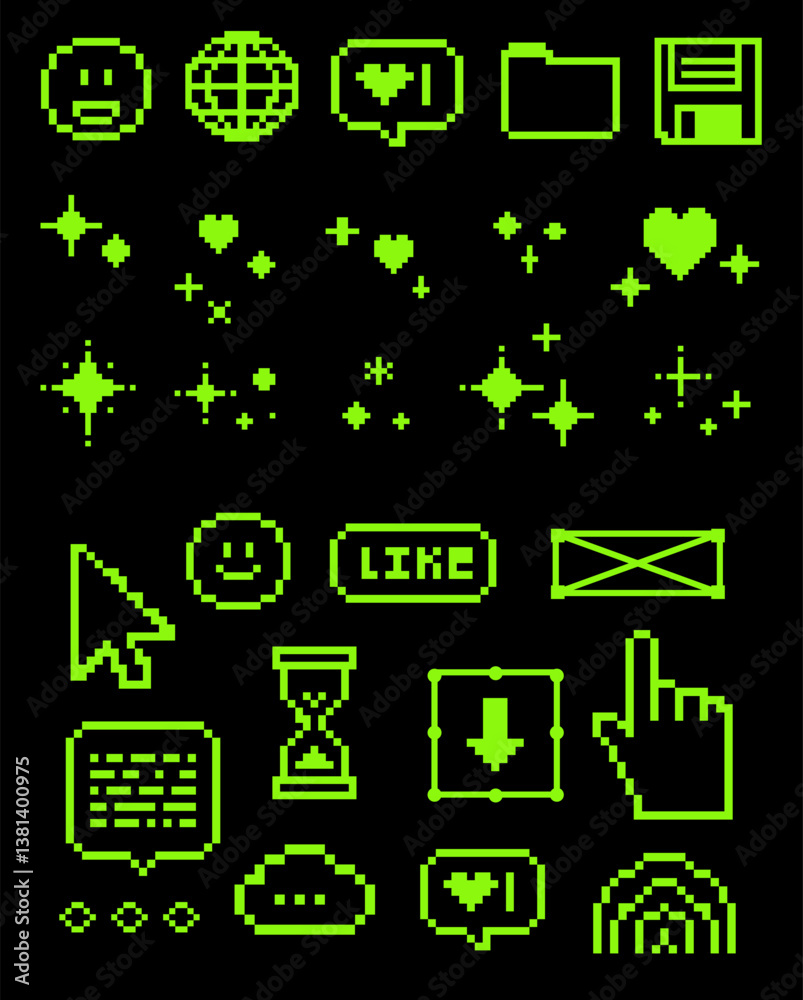 Poster pixels green elements set. y2k stickers. mood of 90's aesthetics. 8-bit retro style vector illustrat