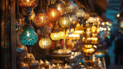 A vibrant stall in an Eid market filled with crescent-shaped string lights