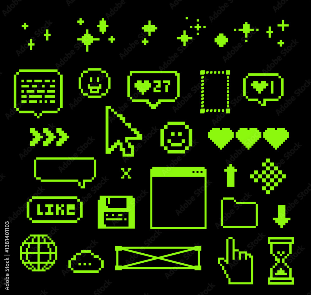 Aufkleber pixels green elements set. y2k stickers. mood of 90's aesthetics. 8-bit retro style vector illustrat
