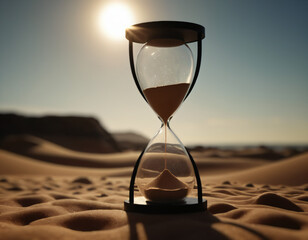 Hourglass positioned in a desert setting partially filled with sand flowing from the top compartment to the bottom one. Clear sky with the sun low on the horizon.
