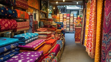 Fototapeta premium A vibrant textile stall full of crescent-embroidered tablecloths and festive napkins
