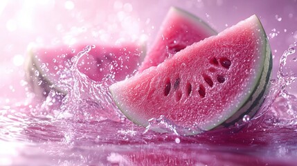 Fototapeta premium Pink Watermelon Slices in Water Splash