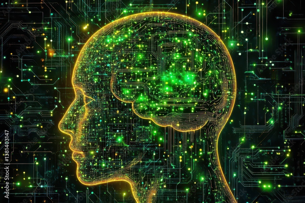 Poster network of connections visualizing a digital brain with vibrant circuitry patterns and glowing nodes