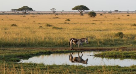 Fototapeta premium Zebra Reflection in African Savanna Watering Hole - A lone zebra drinks from a tranquil watering hole, its reflection mirrored perfectly in the still water. Symbolizing wildlife, nature, thirst