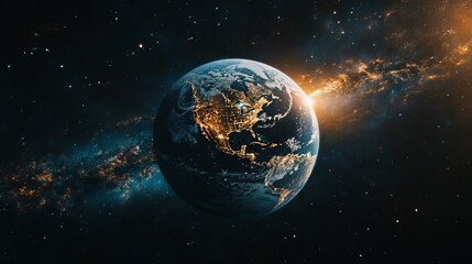Obraz premium Earth from space showing north america illuminated at night with surrounding stars and nebula