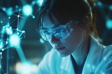 Focused scientist examines data processing and chemical formulas illuminated by blue light in laboratory setting, data processing and chemical formula over caucasian female scientist with beaker