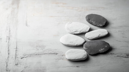 White and grey zen stones on a white wooden background.