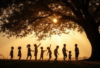 Fototapeta premium Children playing joyfully in silhouette under a large tree 