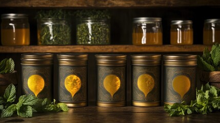 An aromatic display of artisanal tea blends packaged in crescent-embossed tins