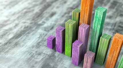 A bar graph with green, orange, and purple bars made from textured wooden planks, placed on a soft gray abstract background