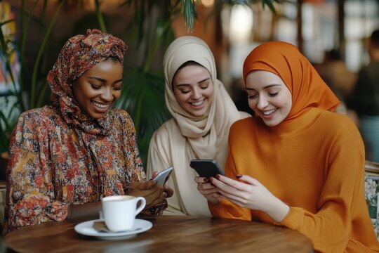 Smiling multicultural female friends enjoying a smartphone moment at a cozy cafe, Smiling multicultural female friends looking at cell phone and talking with cup of tea at cafe