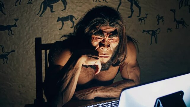 Prehistoric caveman using modern laptop in cave