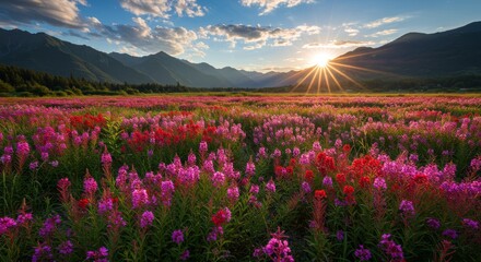 Fototapeta premium Sunset Serenity: Pink and Red Flowers Field - Serene sunset over vibrant wildflowers, symbolizing peace, beauty, nature's abundance, tranquility, and hope
