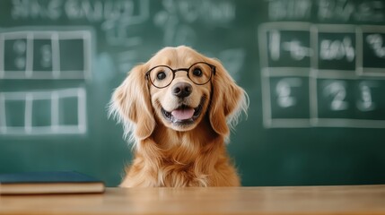 A cheerful golden retriever wearing glasses sits at a desk in a classroom, ready to educate with a playful smile amid a chalkboard backdrop filled with equations.