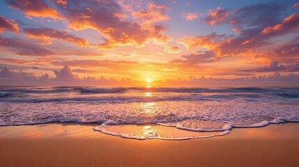Vibrant sunset over ocean beach, golden sun sinking into horizon, dramatic colorful clouds, pink and orange sky, calm waves lapping sandy shore, reflections on wet sand, serene tropical paradise