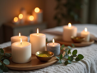 Cozy interior scene, soft candlelight, white pillar candles, wooden trays, green leaves