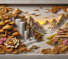 Golden ornate landscape, 3D relief sculpture, Chinese-inspired mythology, flowing waterfall, misty mountains, golden clouds, lotus flowers, intricate swirls, pagoda, pyramids, magical realism