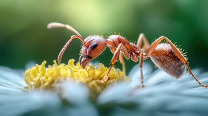 A detailed close-up of an ant delicately interacting with a flower in a lush environment, showcasing the intricacies of nature and the role of tiny creatures in biodiversity.
