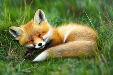 Obraz premium Red fox resting peacefully among green grass in a natural setting during daytime, Red fox Vulpes vulpes The fox is resting, lying in the grass Close up