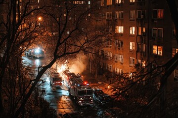 Fire in the city at night Firefighters extinguish a fire Night fire Apartment is burning .