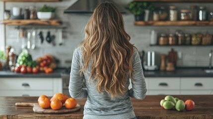 Fototapeta premium Woman in Modern Kitchen Contemplating Healthy Lifestyle Choices