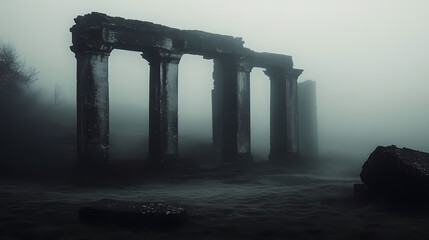 Ancient ruins shrouded in mist, standing silently through time, enduring and grounded, patience, waiting, stability. Phantom Ruins. Illustration