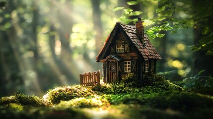 Miniature wooden house nestled in a sunlit forest.  A charming, detailed model cabin sits amidst lush greenery and moss. Sunlight streams through the trees, casting warm glow on the scene
