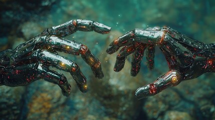 Cybernetic Connection: Two metallic hands reach towards each other, sparks flying, against a dark, underwater-like background.  A futuristic depiction of connection and technological advancement.