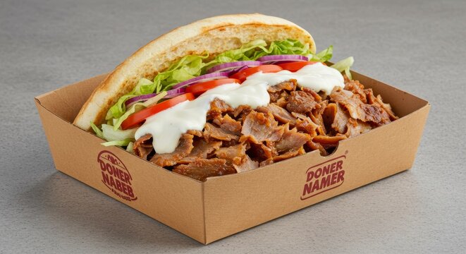 Doner Kebab Sandwich with Garlic Sauce, Tomato and Lettuce in Branded Box
