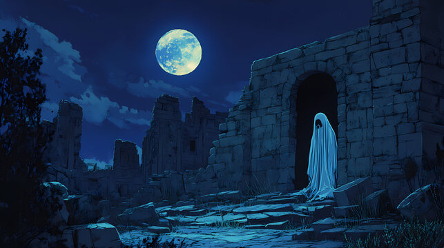 Fractured ghost haunting specter materializing in surreal moonlit ruins. phantom shard. illustration. Phantom Ruins. Illustration