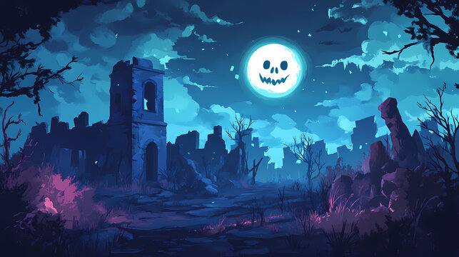 Fractured ghost haunting specter materializing in surreal moonlit ruins. phantom shard. illustration. Phantom Ruins. Illustration