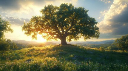 Fototapeta premium Majestic Oak Tree at Golden Hour