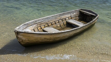 Obraz premium Wooden rowboat in shallow water. The weathered, light-brown hull sits partially submerged in clear water near the shore, showing its age and use