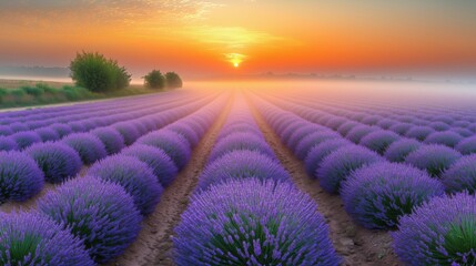Obraz premium Lavender field at sunrise with vibrant colors, rows of flowers in bloom, surrounded by gentle mist and trees in the background