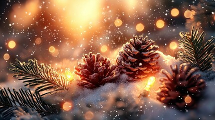Winter Wonderland: Enchanting Pine Cones in Snowy Scene with Festive Lights