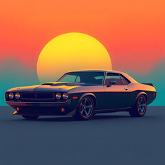 Fototapeta premium Abstract futuristic sci-fi style illustration, smooth gradient transition, sleek muscle car with glossy finish against a sunset art illustration design