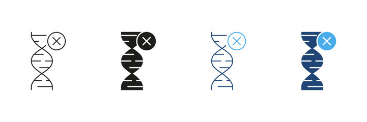 DNA Line and Silhouette Icon Set with Cross Symbol, Genetic Mutation or DNA Modification Issues in Biology and Chemistry. Editable Stroke. Isolated Vector Illustration