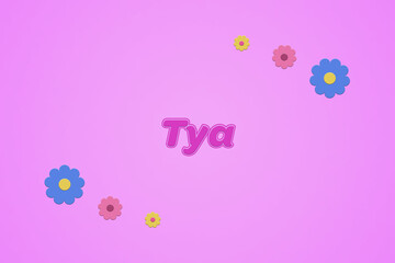 Tya female girl name illustration in pink with blossoms, flowers