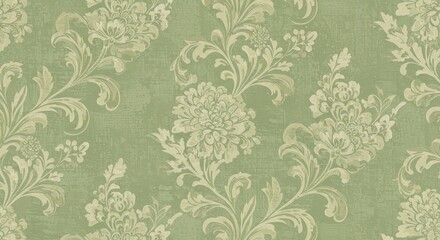 Sage Green Floral Damask Wallpaper - Elegant sage green wallpaper featuring a soft matte finish, intricate floral damask patterns, subtle texture, and a vintage aesthetic. Symbolizes: sophistication